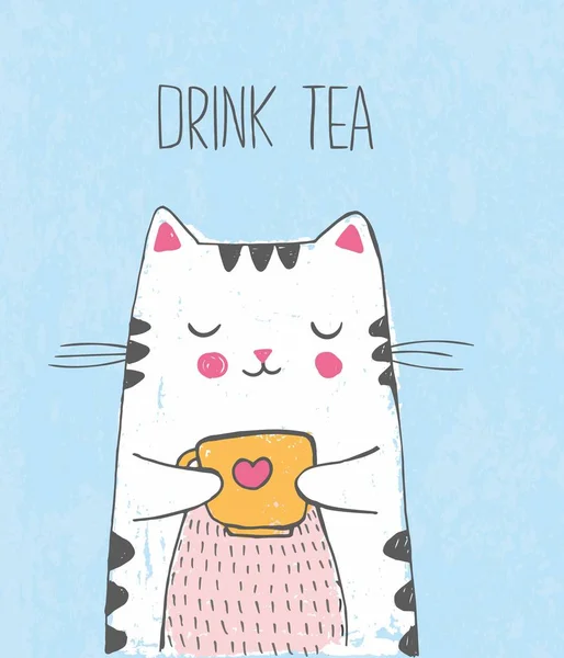 Cute vector hand drawn illustration with sketch cat with cup of tea. Blue background with lettering Drink tea. Picture drawn with colored crayons and pen. — Stock Vector
