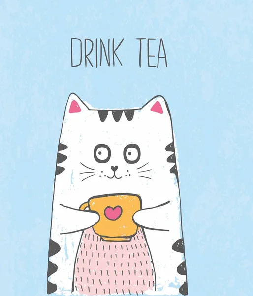 可爱的向量手画的例证与速写猫与茶杯子。蓝色背景与文字喝茶。用彩色蜡笔和笔绘制的图片. — 图库矢量图片