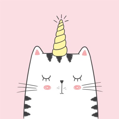 Sevimli vektör çizim ile bir tablet ile çizilmiş tek boynuzlu at boynuzu ile beyaz kedi. Boş bir pembe, masal karakteri kawaii anime tarzı üzerinde izole kapalı gözlerle güzel uyuyan kedi yavrusu