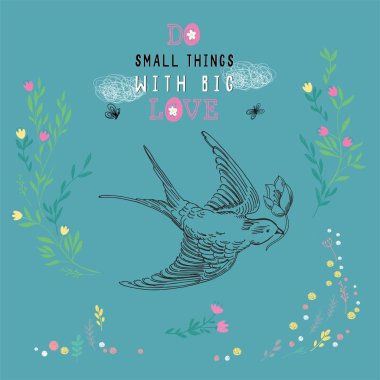 El vektör çizim çiçek kroki uçan kontur kuşla çizilmiş. Bir çiçek onun gaga ile orijinal gerçekçi yutmak. Barış ve sevgi üzerinde yeşil arka plan izole Hıristiyan sembolü