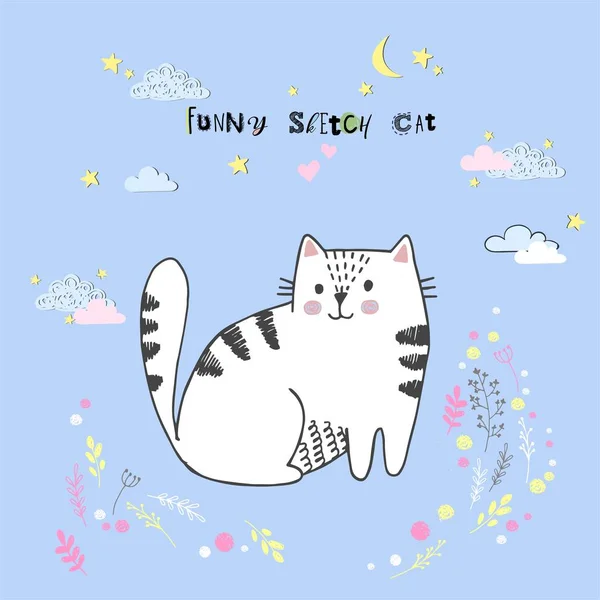 Lindo vector de dibujos animados kawaii gato con nubes, estrellas, corazón, imitación dibujado a mano, dibujado con una tableta, cuento de hadas, aislado — Vector de stock
