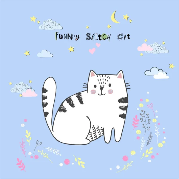 Lindo vector de dibujos animados kawaii gato con nubes, estrellas, corazón, imitación dibujado a mano, dibujado con una tableta, cuento de hadas, aislado — Archivo Imágenes Vectoriales