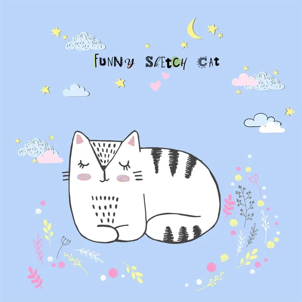 Lindo vector de dibujos animados kawaii gato con nubes, estrellas, corazón, imitación dibujado a mano, dibujado con una tableta, cuento de hadas, aislado — Vector de stock