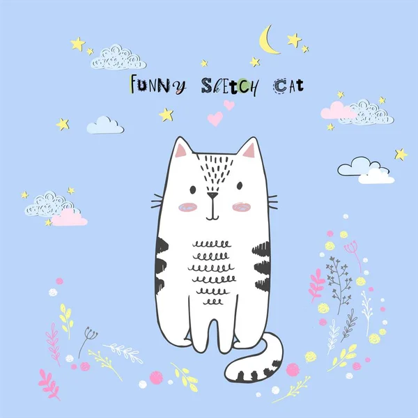 Lindo vector de dibujos animados kawaii gato con nubes, estrellas, corazón, imitación dibujado a mano, dibujado con una tableta, cuento de hadas, aislado — Vector de stock