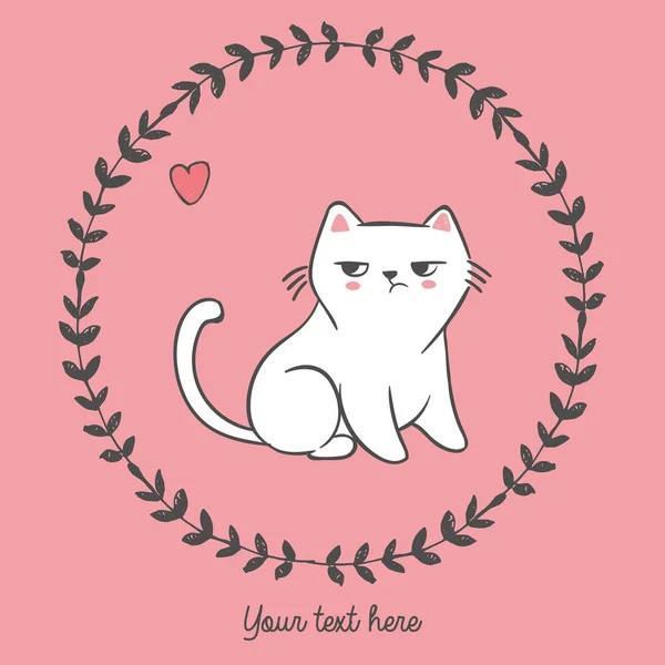 Ilustración vectorial del gato dibujado a mano dentro del marco floral redondo con el corazón, lugar para el eslogan, letras de su texto aquí, personaje de dibujos animados se puede utilizar como impresión de moda para la camiseta dibujada con crayones — Archivo Imágenes Vectoriales