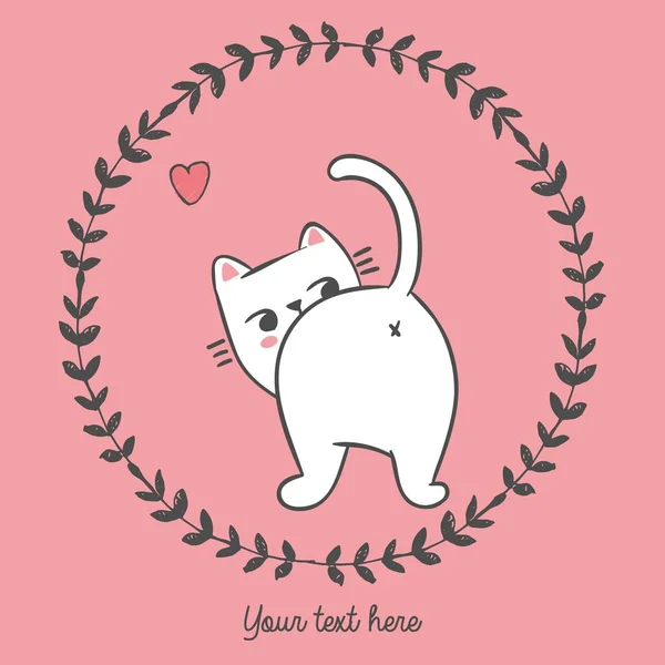 Ilustración vectorial del gato dibujado a mano dentro del marco floral redondo con el corazón, lugar para el eslogan, letras de su texto aquí, personaje de dibujos animados se puede utilizar como impresión de moda para la camiseta dibujada con crayones — Archivo Imágenes Vectoriales