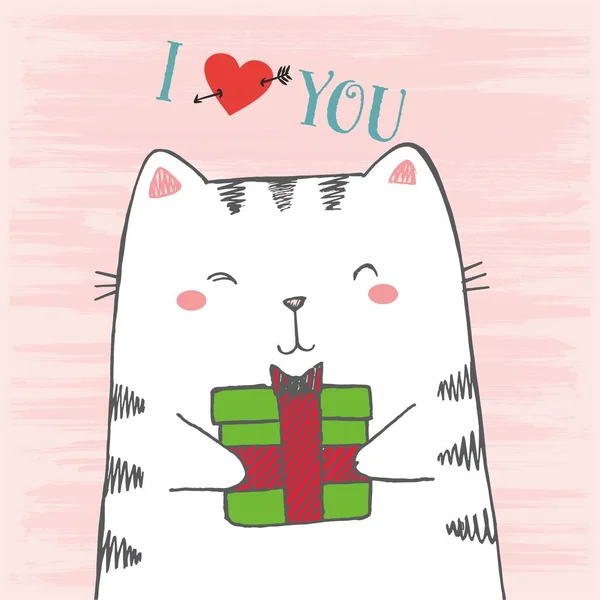 Vektorové ilustrace ručně tažené skica kreslený bílá kočka objetí daru na poškrábaný grunge růžové pozadí vykukujících z rohu obrazu s nápisem miluji tě — Stockový vektor