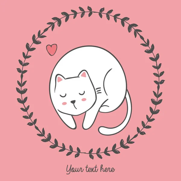 Illustration vectorielle du chat dessiné à la main à l'intérieur cadre floral rond avec coeur, place pour slogan, lettrage de votre texte ici, personnage de dessin animé peut être utilisé comme impression de mode pour t-shirt dessiné avec des crayons — Image vectorielle