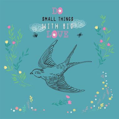 El vektör çizim çiçek kroki uçan kontur kuşla çizilmiş. Orijinal gerçekçi kırlangıç