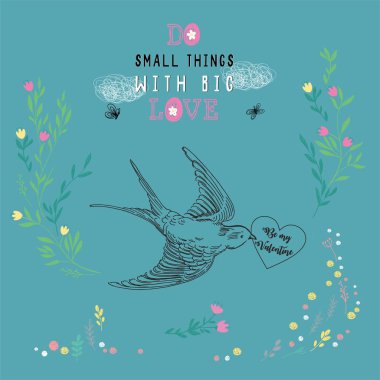 Vektör çizim gerçekçi uçan kırlangıç onun gaga ile el yazısı yazı aşk kart ile olmak benim Sevgililer, 14 Şubat Sevgililer günü, dövme tarzı. Orijinal gerçekçi kırlangıç