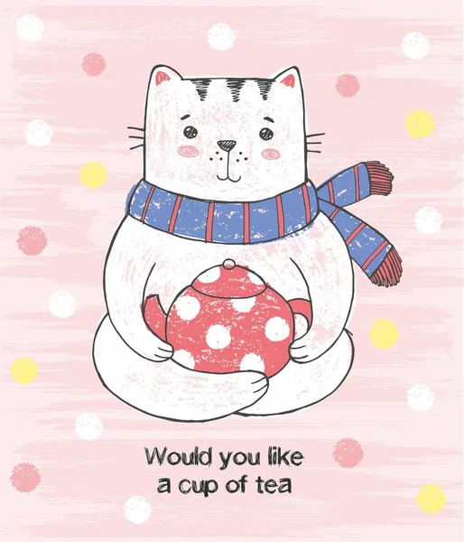 Niedliche handgezeichnete Illustration mit Skizze Katze mit Schal und Teekanne Tee. rosa Grunge Hintergrund mit Schneeflocken. Bild mit Buntstiften und Stift gezeichnet. Schriftzug wünschen Sie sich eine Tasse Tee — Stockvektor