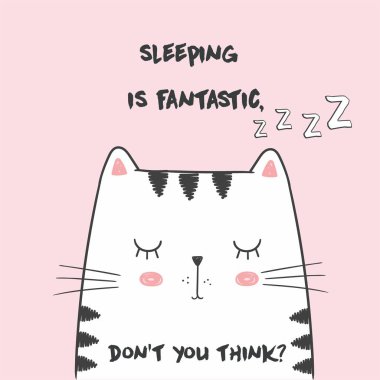 Sevimli vektör çizim anime kawaii uyuyan kedi ile. Yazı ile uyku fantastik, değil mi. Moda pijama veya t gömlek için yazdırma. İyi geceler