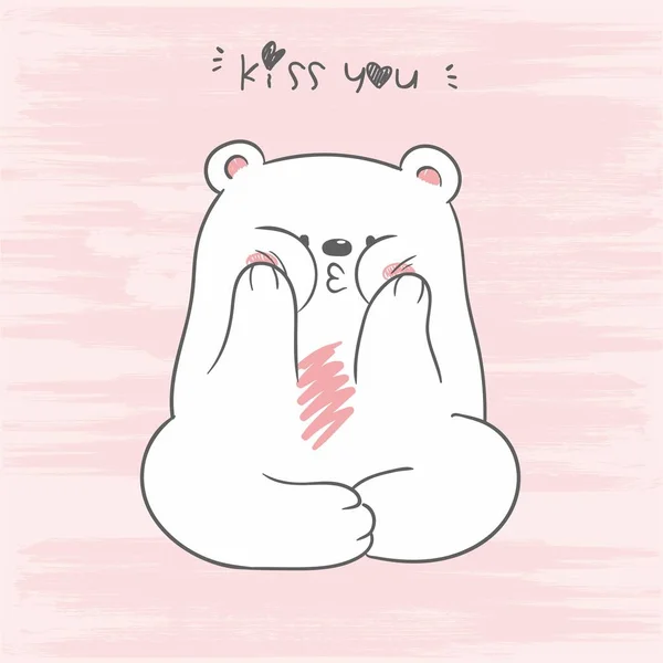 可爱的白色北极熊坐在莲花位置与划痕背景的小吻, 手绘字符玩猿, 脸颊的脸颊, 空气之吻 — 图库矢量图片