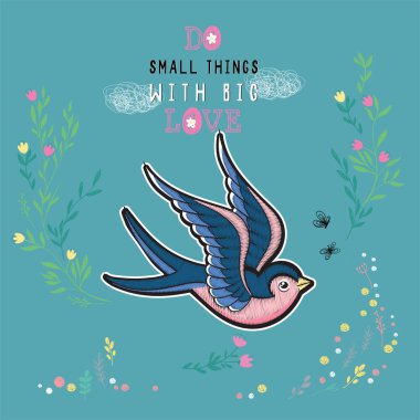 Çift dikiş taklit çiçekli yeşil bir arka plan üzerinde izole retro dövme tarzı ile işlemeli yutar vektör çizim