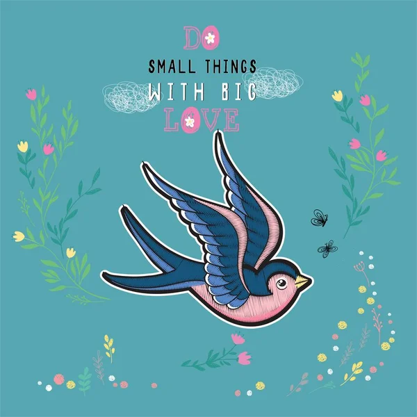 Çift dikiş taklit çiçekli yeşil bir arka plan üzerinde izole retro dövme tarzı ile işlemeli yutar vektör çizim