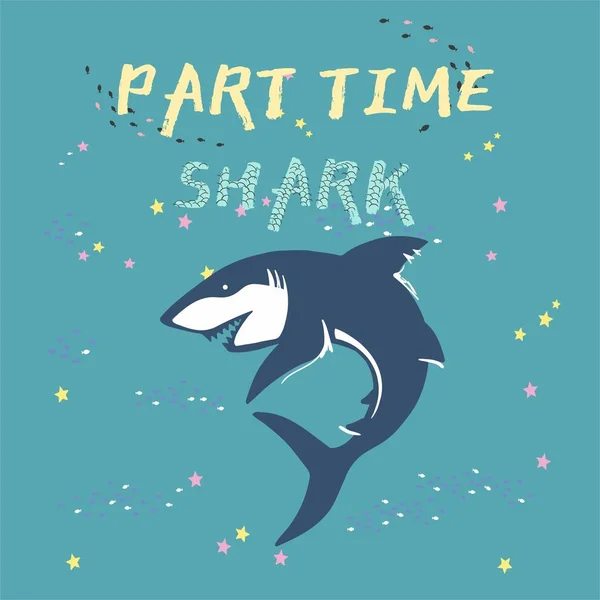 Vektorhai-Silhouette mit Fischen und Sternen auf grünem Hintergrund, Symbolen, Symbolen, Designelementen. Hai-Symbole, Gestaltungselemente — Stockvektor