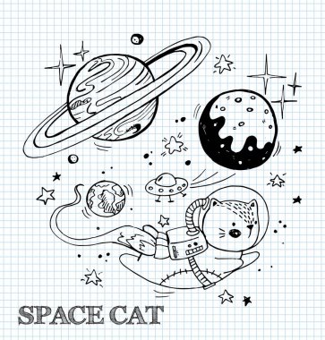Vektör illüstrasyon bir uzay elbisesi içinde komik bir kedi ile. Kedi astronot uzayda süzülür. Komik tarzı illüstrasyon. 