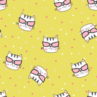 Sevimli kedi yavruları ile el boyalı dikişsiz desen. Arka planda suluboya parlak karikatür kediler. Güzel doku.