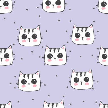 Sevimli kedi yavruları ile el boyalı dikişsiz desen. Arka planda suluboya parlak karikatür kediler. Güzel doku.