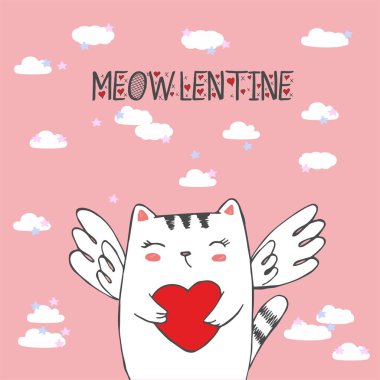 Komik küçük kedi cupid kalpile. Sevgililer Günü İllüstrasyonu. Kedi meleği. Bir karikatür tarzında Vektör illüstrasyon. Pembe arka plan üzerinde izole