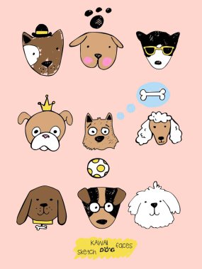 Doodle sevimli tatlı köpekler, skeç karakterleri, el çizilmiş, renkli boya kalemleri ve kalem, clipart koleksiyonu, farklı duygular, ifadeler, suratlar ile köpekler yüzleri ile çizilmiş illüstrasyon büyük kawaii seti