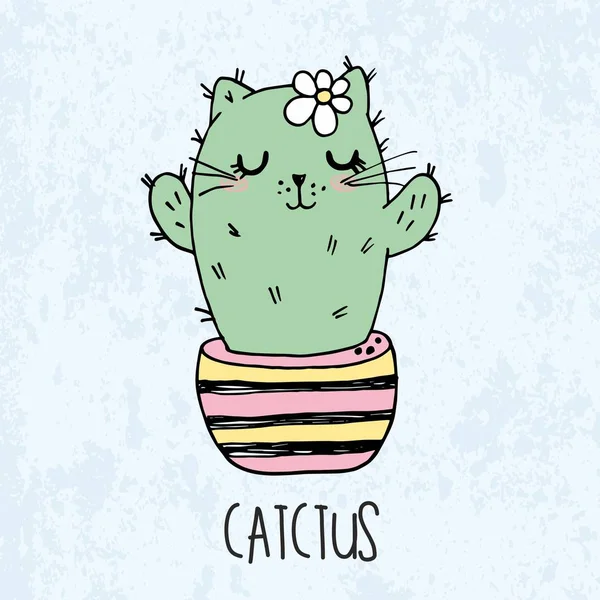 Illustration vectorielle de croquis dessiné à la main mignon kawaii chat cactus dans un pot de fleurs dans le style anime avec lettrage catctus — Image vectorielle