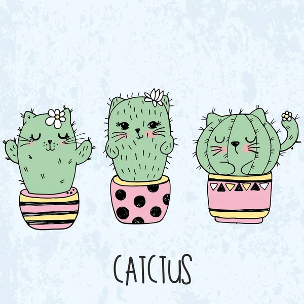 Illustration vectorielle de croquis dessinés à la main ensemble mignon kawaii chat cactus dans un pot de fleurs dans le style anime avec lettrage catctus — Image vectorielle