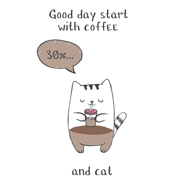 Bonne journée commencer par le café et le chat. Motivation citation café avec forme de barre de progression de chargement chat . — Image vectorielle