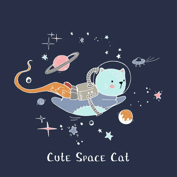 Patrón infantil creativo con gato lindo, planetas y eslogan. Parche vectorial para ropa de moda, camiseta y diseño impreso . — Archivo Imágenes Vectoriales