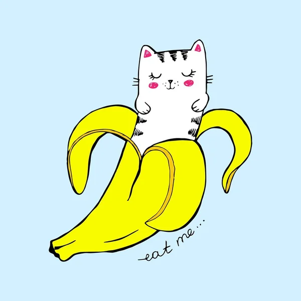 Cute vector illustration. Kawaii banana cat on blue background. Funny cat, yellow fruit sticker, on t shirt print, stylish — Stock Vector