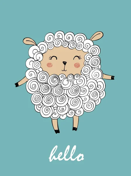 Ilustração vetorial de ovelhas bonitos - cordeiro. Escrita à mão - Olá . — Vetor de Stock