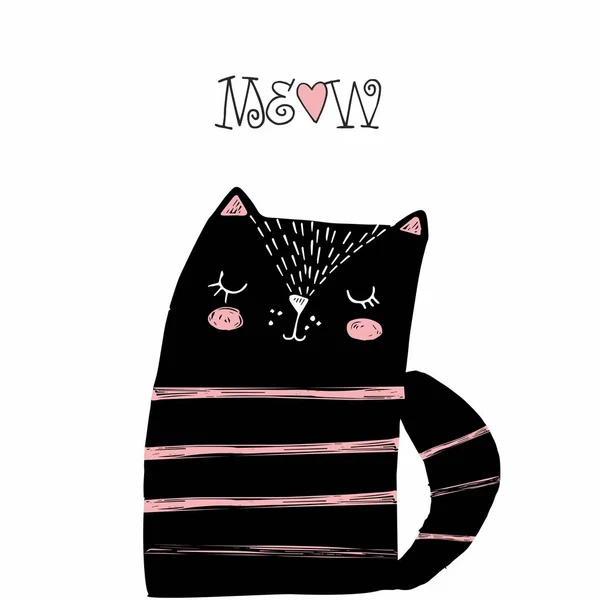 Gato negro con rayas rosas y un corazón. Ilustración vectorial para imprimir en camisetas, postales, carteles, pancartas, ropa de cama y platos para bebés, imanes y tazas . — Archivo Imágenes Vectoriales