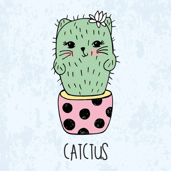 Illustration vectorielle de croquis dessiné à la main mignon kawaii chat cactus dans un pot de fleurs dans le style anime avec lettrage catctus — Image vectorielle