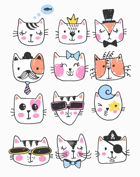 Большой набор милых милых кошек, сказочных персонажей, нарисованных вручную, кошачьих лиц с разными эмоциями, смайликов, лайков — стоковый вектор