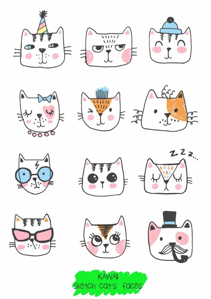 Gran kawaii conjunto de garabatos lindo dulce gatos, boceto personajes, dibujado a mano, gatos caras ith diferentes emociones, emoticonos, emoticonos — Archivo Imágenes Vectoriales