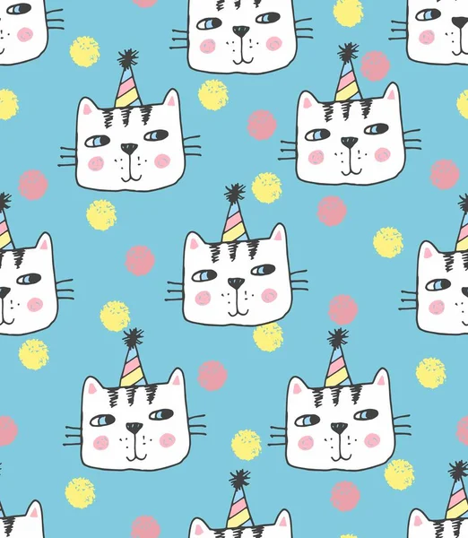 Handmålade sömlösa mönster med söta kattungar. Akvarell ljusa tecknade katter på bakgrunden. Härlig konsistens. — Stock vektor