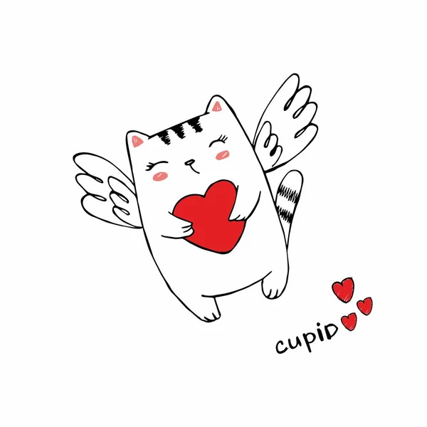 Cupido de gato divertido con corazón. Ilustración de un día de San Valentín. Ángel gato con alas. Ilustración vectorial en un estilo de dibujos animados. Aislado sobre fondo blanco — Vector de stock