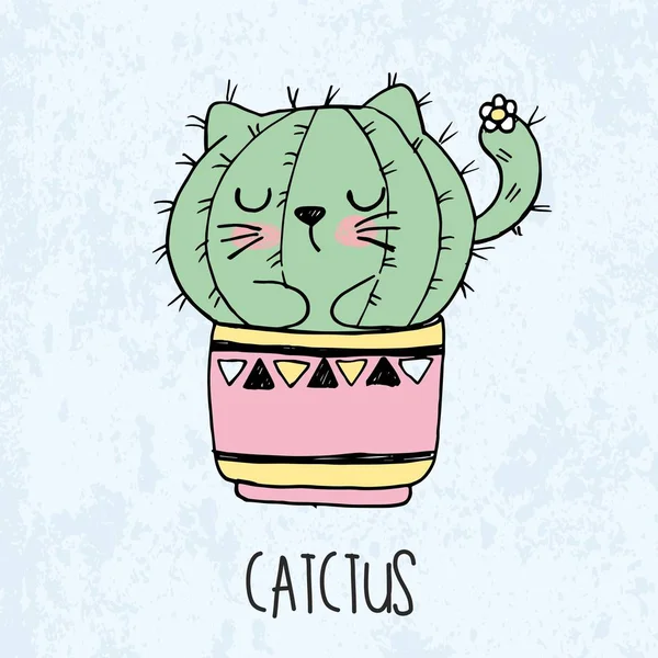 Illustration vectorielle de croquis dessiné à la main mignon kawaii chat cactus dans un pot de fleurs dans le style anime avec lettrage catctus — Image vectorielle