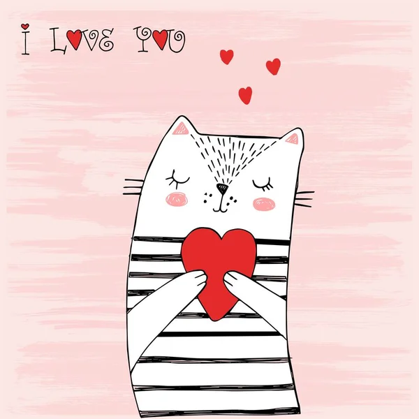 사랑 줄무늬 고양이입니다. 검은 줄무늬와 하트와 흰색 고양이입니다. 티셔츠, 엽서, 포스터, 배너, 침대 린넨 및 아기 접시, 자석 및 컵에 인쇄하기위한 벡터 일러스트레이션. — 스톡 벡터