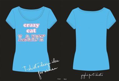 Vektör illüstrasyon, mavi t shirt için moda baskı, pijama, diğer giysiler, kawaii kedi yüzleri ile yazı deli kedi bayan, hayvan koruma, hayvan sever