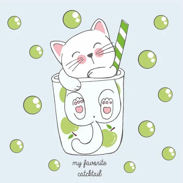 Vektor illustration av söta kawaii handritad katt i anime stil i ett glas äpple cocktail med gröna bubblor, bokstäver min favorit catcktail, ritning för barnens meny, cocktailparty — Stock vektor