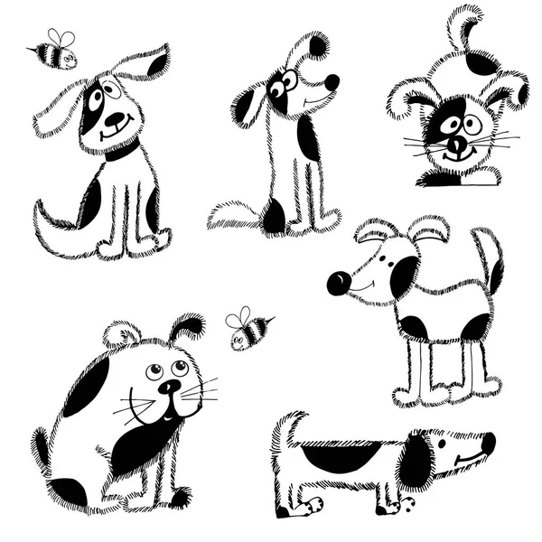 Vector illustratie van schattige zwart-wit gekke honden, hand getekende schets tekens, elementen voorontwerp, kaarten, vector set van doodle puppies, mans beste vriend, geïsoleerd op witte achtergrond — Stockvector