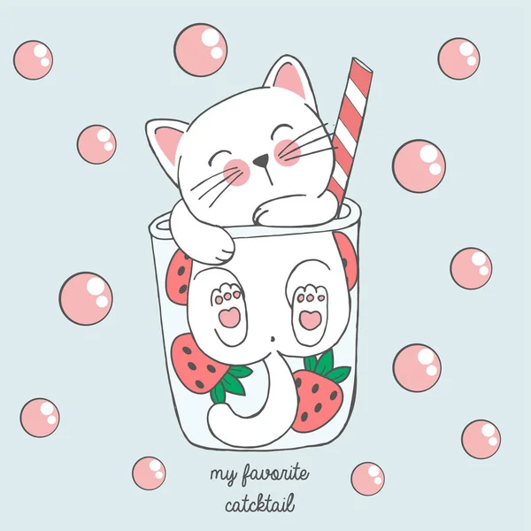 Ilustración vectorial de lindo gato dibujado a mano kawaii en estilo anime en una copa de cóctel de fresa con burbujas rosadas, letras de mi catcktail favorito, dibujo para menú infantil, cóctel — Archivo Imágenes Vectoriales