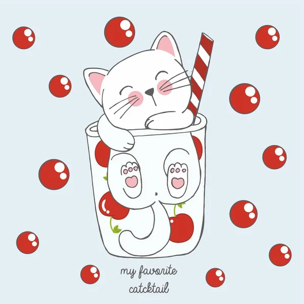 Ilustração vetorial de gato desenhado à mão bonito kawaii em estilo anime em um copo de coquetel de cereja com bolhas vermelhas, lettering meu catcktail favorito, desenho para menu infantil, festa de coquetel — Vetor de Stock