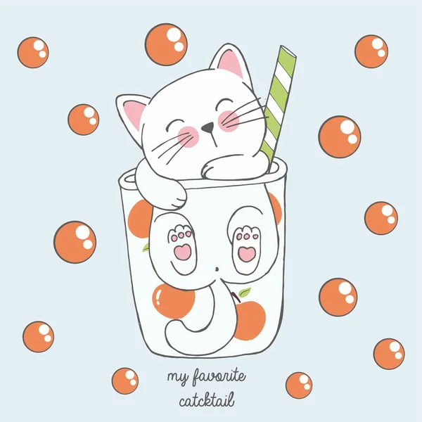 Vektor illustration av söta kawaii handritad katt i anime stil i ett glas persika cocktail med röda bubblor, bokstäver min favorit catcktail, ritning för barnens meny, cocktailparty — Stock vektor