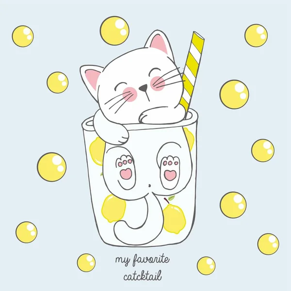 Vektor illustration av söta kawaii handritad katt i anime stil i ett glas citron cocktail med gula bubblor, bokstäver min favorit catcktail, ritning för barnens meny, cocktailparty — Stock vektor