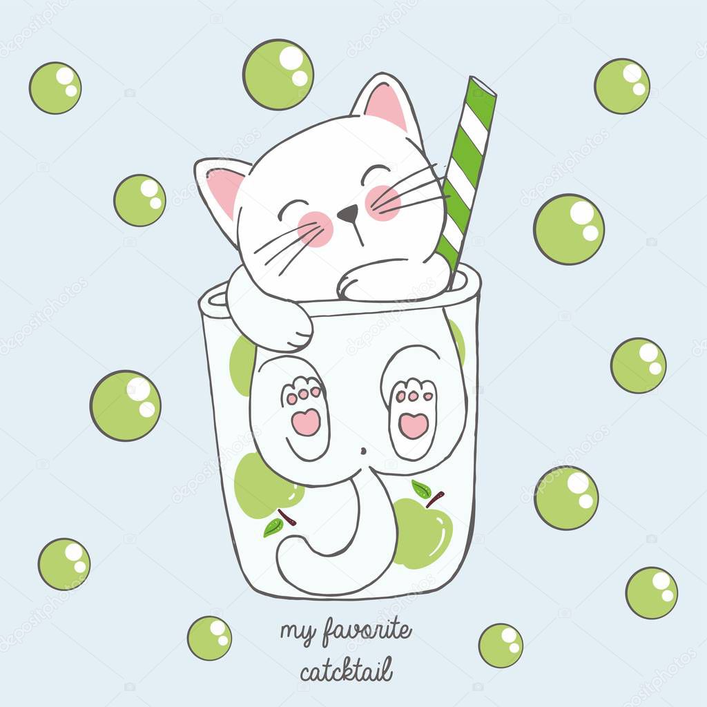 Vector illustration of cute kawaii hand drawn cat in anime style in a glass of apple cocktail with green bubbles, lettering my favorite catcktail, drawing for childrens menu, cocktail party