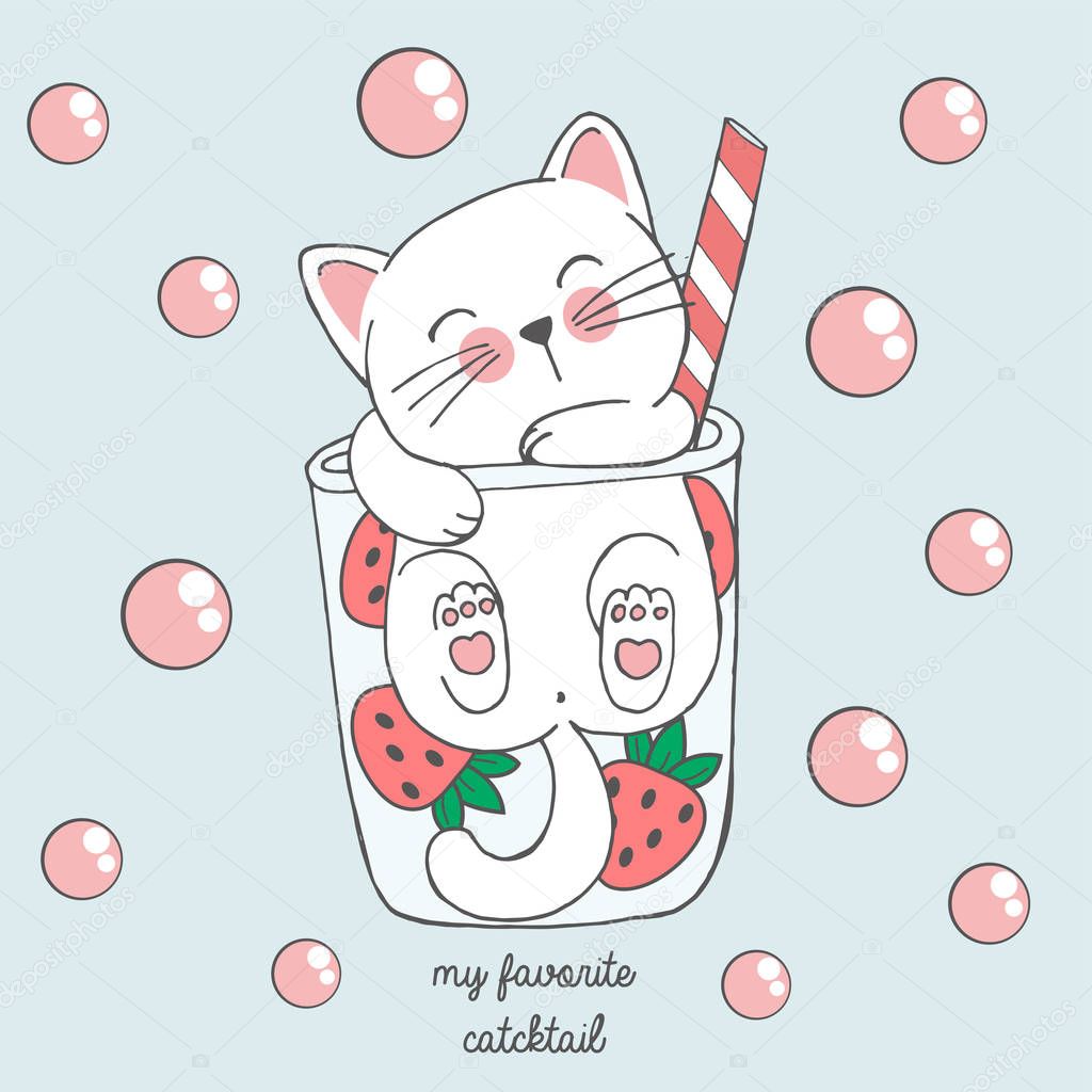 Vector illustration of cute kawaii hand drawn cat in anime style in a glass of strawberry cocktail with pink bubbles, lettering my favorite catcktail, drawing for children's menu, cocktail party