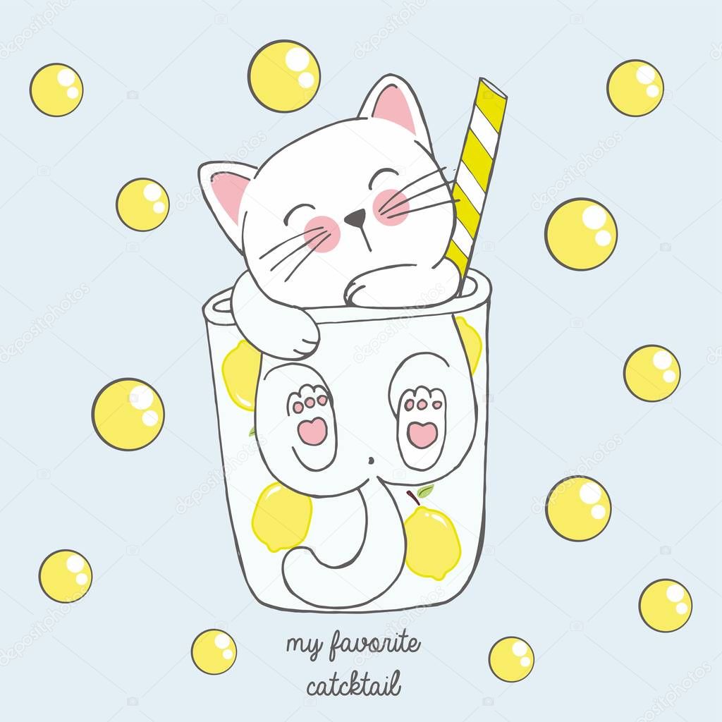 Vector illustration of cute kawaii hand drawn cat in anime style in a glass of lemon cocktail with yellow bubbles, lettering my favorite catcktail, drawing for childrens menu, cocktail party
