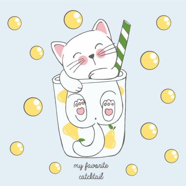 Sarı kabarcıklar ile armut kokteyl bir bardak anime tarzısevimli kawaii el çizilmiş kedi Vektör illüstrasyon, benim en sevdiğim catcktail yazı, çocuk menüsü için çizim, kokteyl parti